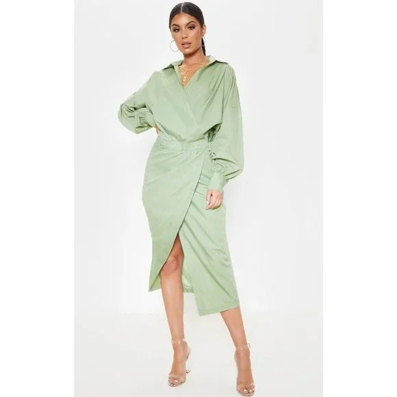 prettylittlething shirt dress Women's Brown Check Cinched Waist Long Sleeve Shirt Dress